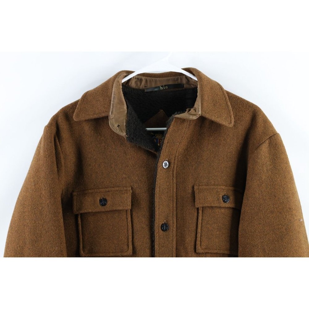 Vintage 70s Mens Small Fleece Lined Wool CPO Full Button Shirt Jacket Brown USA - Picture 2 of 8